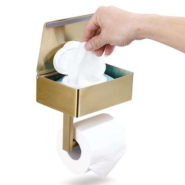 Toilet Paper Holder with Flushable Wet Wipes Dispenser, Shelf and Storage for Bathroom - Keep Your Wipes Hidden Out of Sight - Stainless Steel Wall Mount - Small, Gold