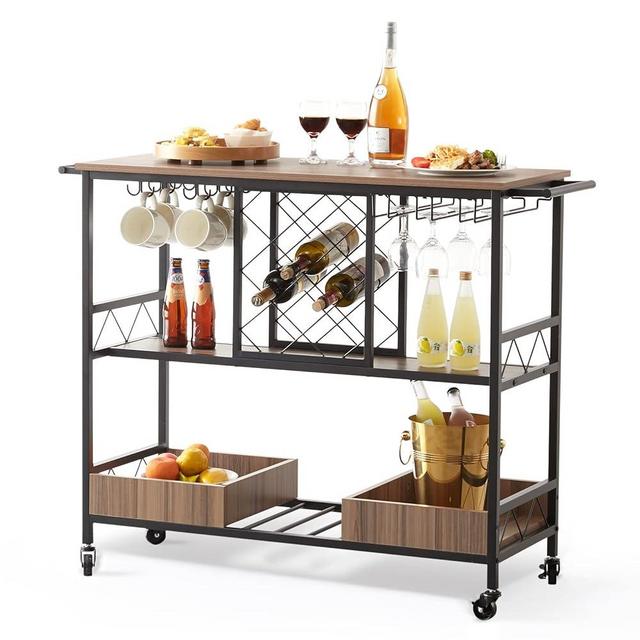 VEVOR Bar Cart, 46"x16"x36" Rolling Kitchen Cart on Lockable Wheels, 3 Tiers 300LBS Load Home Serving Cart, Microwave Stand with Wine Rack and Glass Holder for Home Kitchen Dining Room, Rustic Brown