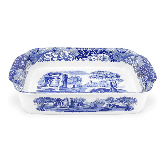 Spode Blue Italian Handled Rectangular Dish - 15" x 12" Porcelain Tableware with Heritage Scroll Border & Scenic Countryside Artwork