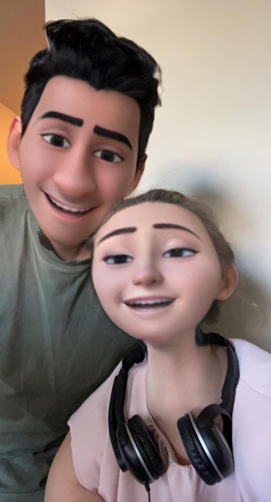 Esteban and Mallory with a cartoon character filter