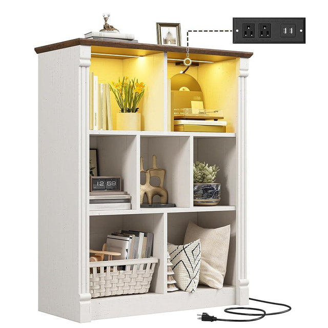 EnHomee 7 Cube Storage Organizer with LED Light and Charging Station Wood Cube Shelf White Bookshelf for Bedroom Living Room,Office,White