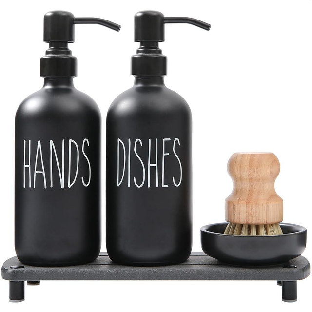 MOMEEMO Matte Black Soap Dispenser Set Comes with Stainless Steel Pumps, Instant Dry Tray, and Dish Scrub Brush, Suitable for Matte Black Kitchen Accessories. (Black)
