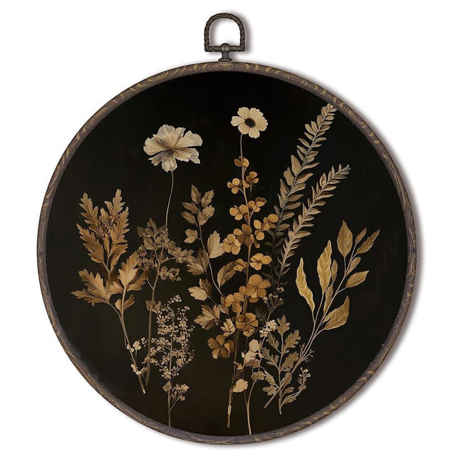 XNXLDYLH Vintage Black Dark Cottagecore Round Framed Wall Art Decor, Rustic Floral Hanging Wall Decor Decorations, Botanical Canvas Prints Wall Art Pictures Paintings for Farmhouse, 10x10 Inches