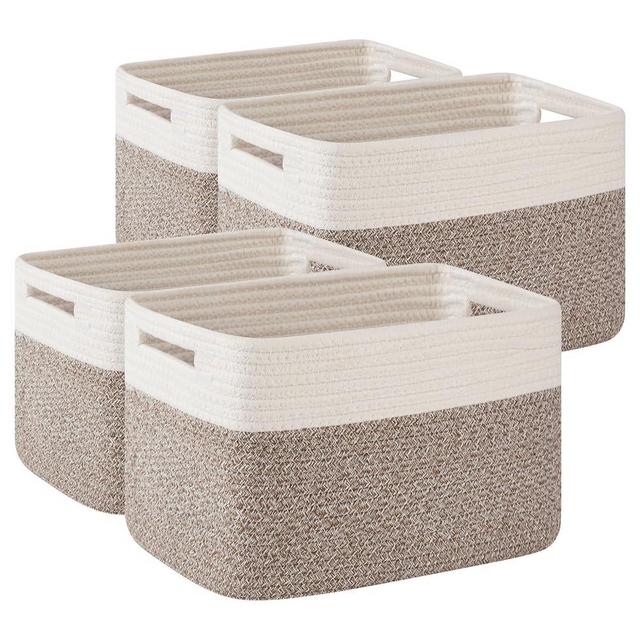 OIAHOMY 4 Pack Storage Baskets for Organizing, Basket for Shelves with Handle, Woven Baskets for Storage Toys, Towels, Books, Cotton Rope Basket 13" L x 9 " W x 7.8 " H, Deep Brown & White