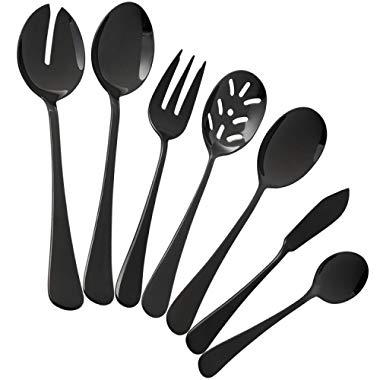 Black Serving utensils set. Stainless Steel Hostess Flatware Sets 7-Piece Includes Silverware Large Salad Serving Spoons, Forks & Slotted Spoons,sugar spoons,butter knife.Dishwasher Safe