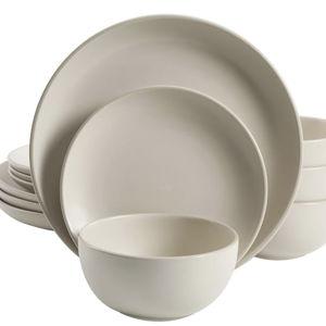 Gibson Home Rockaway 12-Piece Round Stoneware Dinnerware Set, Service for 4 – Cream Plates and Bowls, Modern Matte Finish, Microwave & Dishwasher Safe