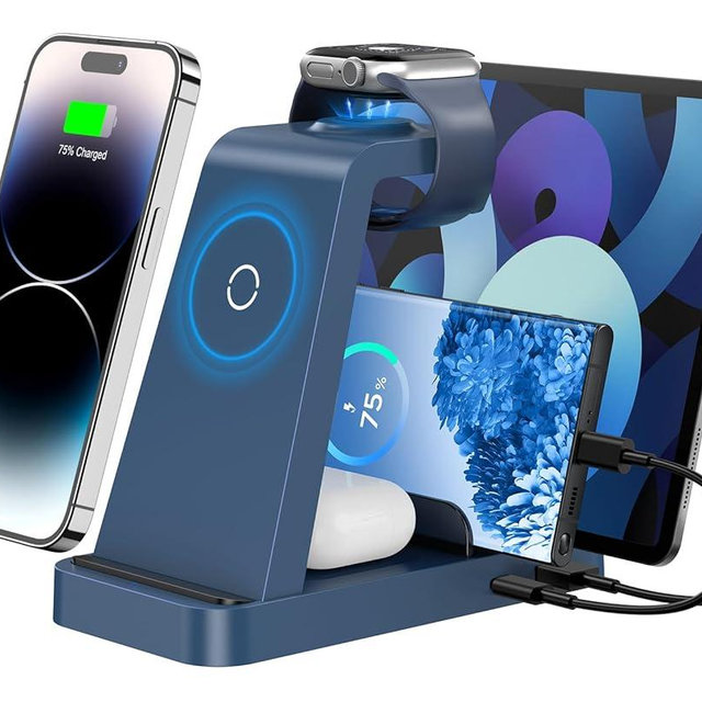Wireless Charger for iPhone - 5 in 1 Charging Station for Multiple Devices Apple: Fast Wireless Charging Stand Dock for iPhone 16e 16 15 14 13 12 Pro Max Apple Watch Airpods(Blue)