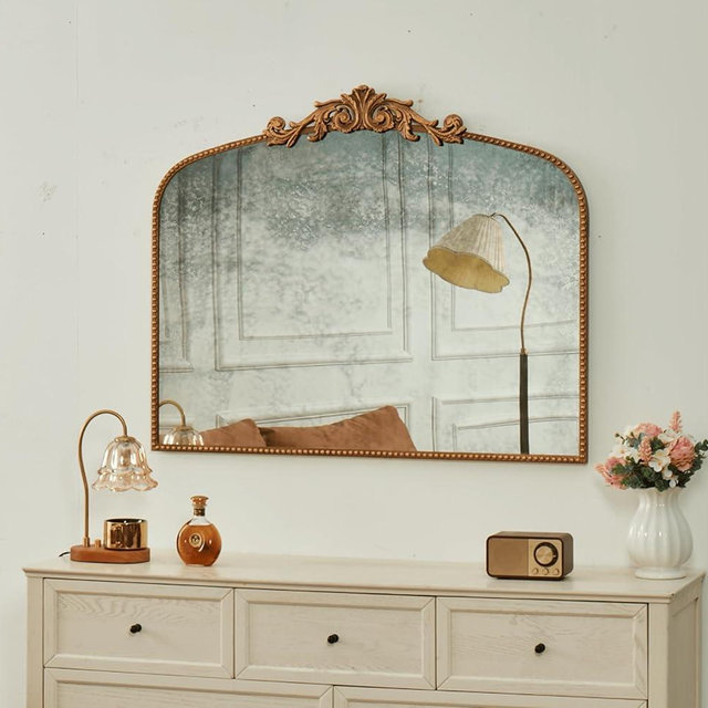 Arched Vertical Antique Mirror with Elegant Vintage Design Gold Metal Frame - 40"x32" Large Arch Mirror Perfect for Home Decor Bathroom Living Room - Handcrafted with Distressed Finish
