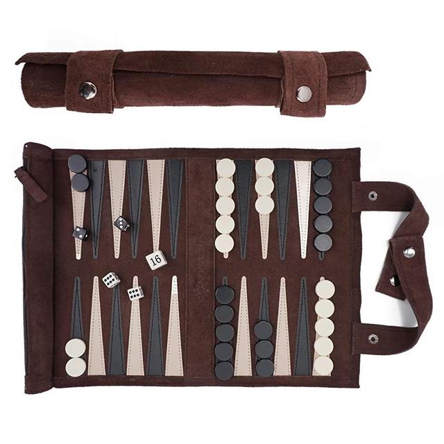 Sondergut Travel-Size Backgammon Set- Genuine Suede, Portable, Roll-up Lightweight Backgammon Travel Game- Multiple Color Options (Mocha)