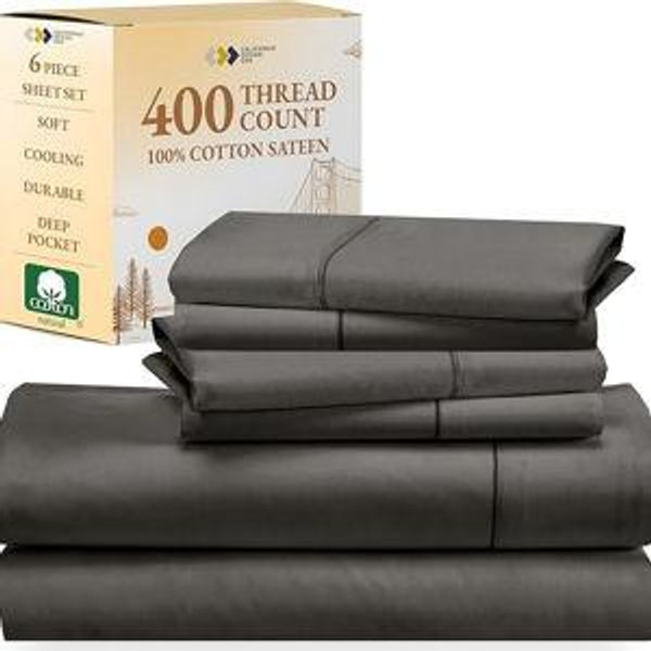 California Design Den 6-Pc Queen Size Sheet Set with 4 Pillowcases - 400 Thread Count 100% Cotton Sheets, Cooling Sateen Weave, Luxury Deep Pocket Bedsheets Set - Grey