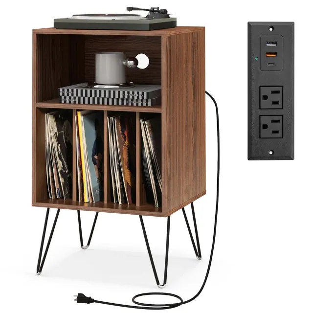 Costway 3-Tier Record Player Stand with Charging Station Shelf & 4 Dividers for Bedroom Walnut