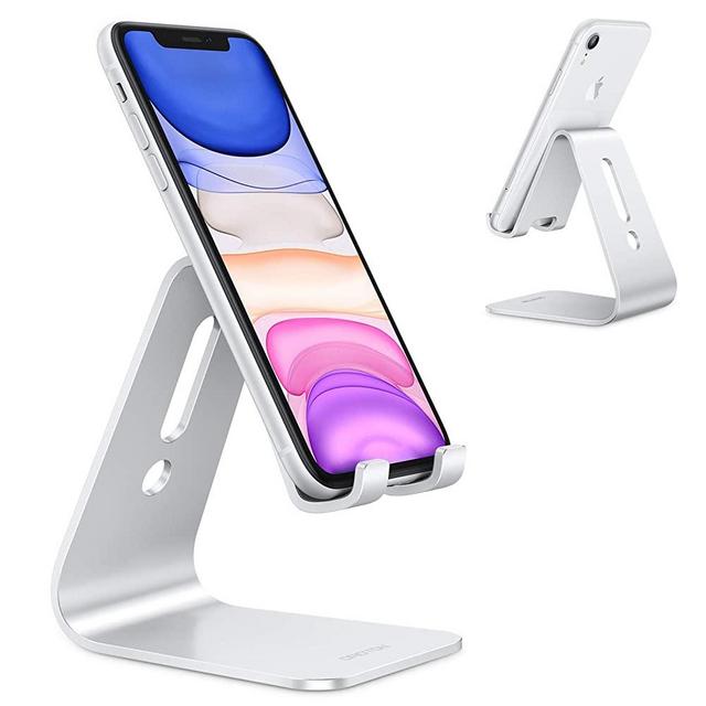 Upgraded Aluminum Cell Phone Stand, OMOTON C1 Durable Cellphone Dock with Protective Pads, Smart Stand Designed for iPhone 11 Pro Max XR XS 8 Plus 7 SE, iPad Mini, Android Phones, Silver