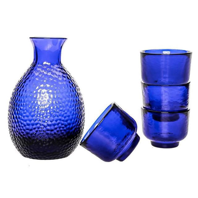Slickblue Exquisite 5-Piece Handblown Sake Set: Jug and 4 Tumblers - Blue
