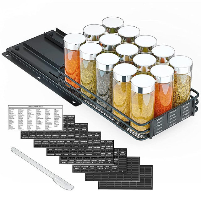 SpaceAid Pull Out Spice Rack Organizer for Cabinet, Heavy Duty Slide Out Seasoning Organizer for Kitchen Cabinets, with 415 Labels and Chalk Marker, 6.5"W x10.5"D x2.5"H, 1 Drawer 1-Tier, Black