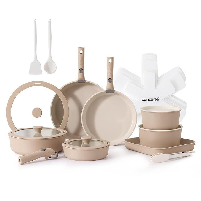 SENSARTE 24 Piece Ceramic Pots and Pans Set, Nonstick Detachable Handle Cookware, Induction Cookware Set with Removable Handle, Healthy Non Stick for RV, Dishwasher＆Oven Safe, PFOA Free (Almond Beige)