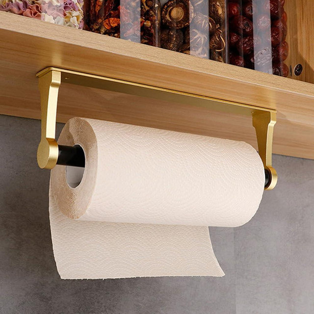 pu&lizfii Adhesive Or Drilling Gold Kitchen Paper Towel Holder Under Cabinet,Horizontal & Vertical,Wall Mount Paper Towel Holder Under Counter Insider Door (Gold,12in) Holds All Paper Towel Rolls