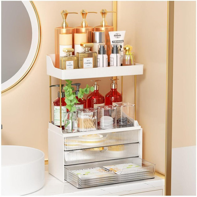 Makeup Organizer - Upgrade 2 Tier 3 Drawers Bathroom Counter Organizer, Versatile Perfume Organizer, Exquisite Vanity Organizer, Large Skincare Organizers, Clear
