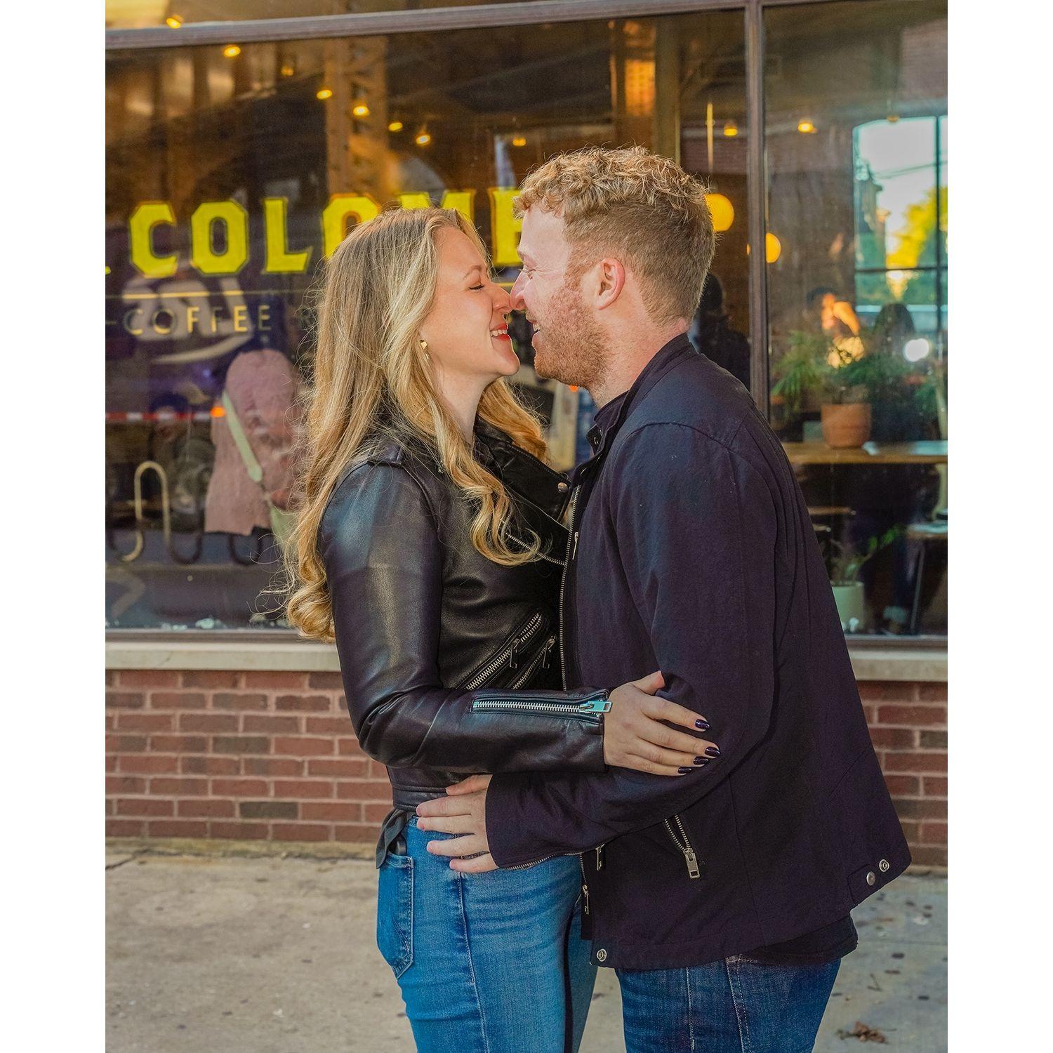 One of our engagement sessions, fun fact, we're right in front of the La Colombe on Damen in Wicker Park where we had our first date!