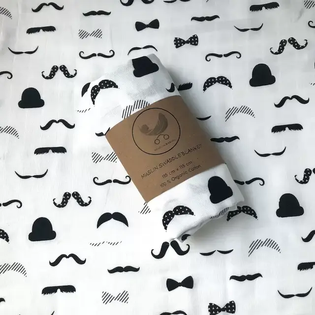 Muslin Swaddle Blanket - Mustache Receiving Blanket - Newborn Cotton Baby Boy Wrap