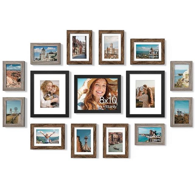 Vittanly 15 Pack Picture Frames Collage Wall Decor, Multi Sizes Including 3pcs 8x10, 6pcs 5x7 and 6pcs 4x6 Photo Frames, Gallery Frame Set for Wall or Tabletop Display, Black, Brown and Dark Grey