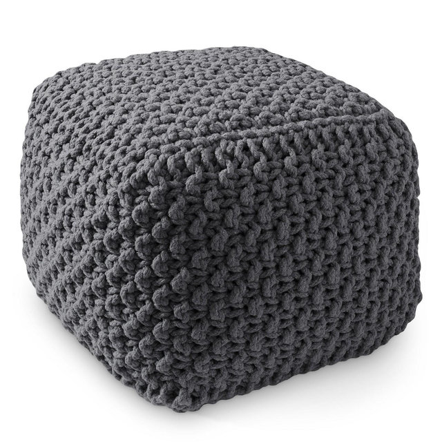 Casafield Square Pouf Ottoman, Dark Gray - 18.5" W x 18.5" D x 14.5" H Cotton Knit Foot Stool - Boho Floor Pouffe for Living Room