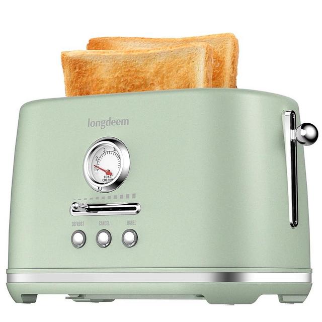 LONGDEEM Toaster 2 Slice with Extra Wide Slots & Removable Crumb Tray 6 Browning Options, Auto Shut Off & Frozen Function, Toast Fruit Bread, Bagel & Waffle, Green