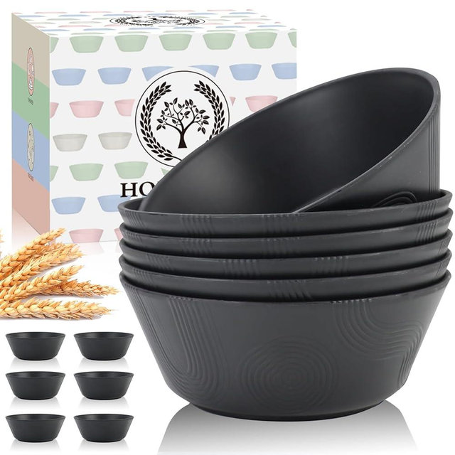 Homienly Cereal Bowls, Wheat Straw Bowl Sets with Textured Design - 36oz Bowls Set, 6 PCS Microwave and Dishwasher Safe Bowls, Bowls for Kitchen, Plastic Bowls for Serving Soup,Salad - Black
