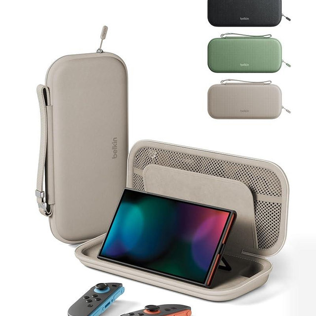 Belkin Carrying Case for Nintendo Switch 2, Travel Bag w/AirTag Holder & Game Card Storage Pocket Portable Lightweight Protective Carrying Case w/Hard Shell, Gaming Essentials - Sand