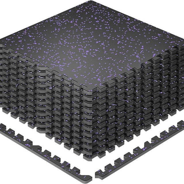 SUPERJARE 0.79'' Extra-Thick Exercise Equipment Mats, 12 Pcs 48 Sq Ft Rubber Top Floor Tiles with High Density EVA Foam, Interlocking Gym Flooring for Home Gym, Protective Workout Mat, Black/Purple
