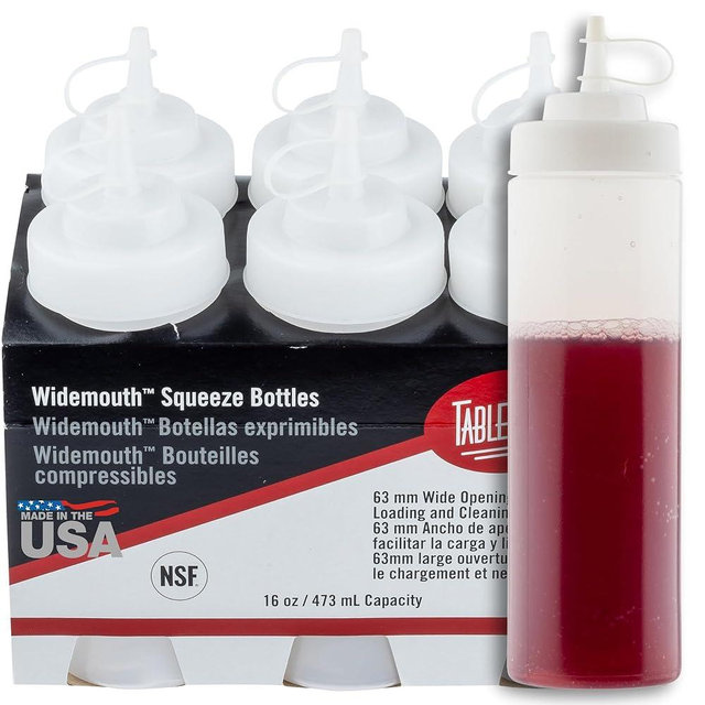 TableCraft 12632 Widemouth Condiment Squeeze Bottles, 63 mm Wide Opening, Cone-Tip Top, Tethered Cap, Clear Sauce Dispensers for Food Prep, 16 oz (473 mL), NSF, Made in USA, Pack of 6