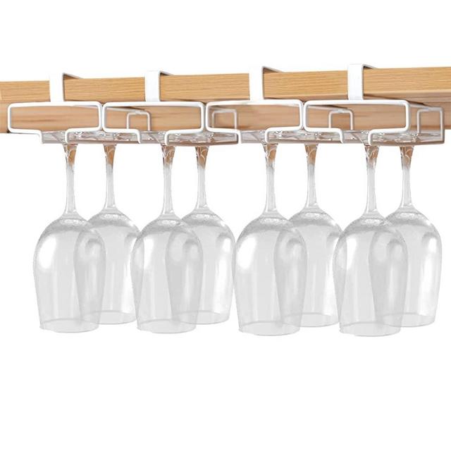 GeLive Under Shelf Wine Glass Rack Hanger 4 Rows Stemware Holder Kitchen Hanging No Drilling Metal Wine Glass Storage Organizer (White, 4)