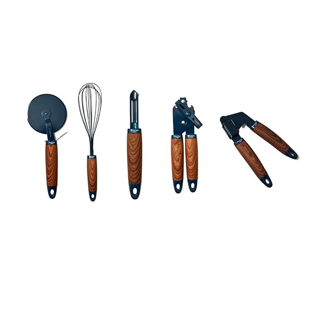 Phantom Chef 5 Piece Kitchen Gadget Set | Pizza Cutter, Egg Whisk, Vegetable Peeler, Can Opener, Garlic Press | Stainless Steel | With Soft Touch Faux Wood Handle | 5 Pcs Cooking Utensil Set (Navy)