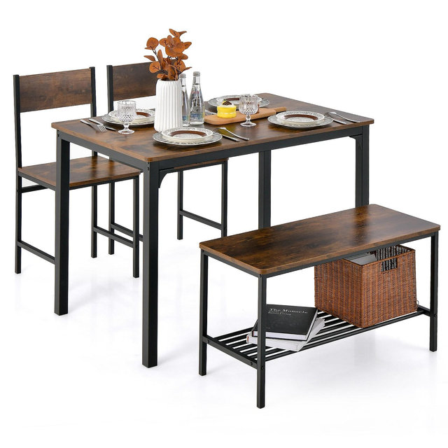 Costway 4pcs Dining Table Set Rustic Desk 2 Chairs & Bench with Storage Rack