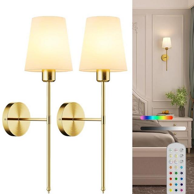 Battery Operated Wall Sconce Set of 2,Rechargeable Wall Lights with Dimmable Detachable Bulbs and Remote,15 Colors Wireless Wall Lamps for Bedroom Living Room Hallway,Gold(2 Pack)