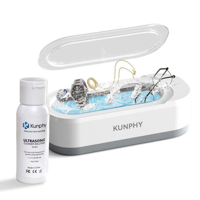 KUNPHY Ultrasonic Jewelry Cleaner Machine, 46KHZ, 12OZ Capacity, with 50ml Solution, Sonic Jewelry Cleaner with One-Touch Operation, Professional Sonic Cleaner Idea for Jewelry Eyeglasses, Rings
