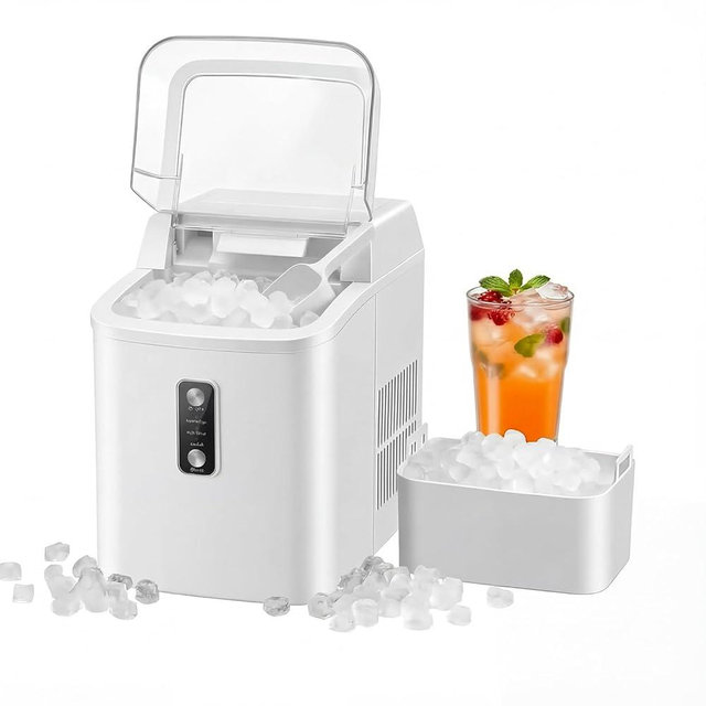 NEWBULIG Nugget Ice Makers Countertop, Portable Nugget Ice Machine, Ready in 6 Mins, 24lbs in 24Hrs, Auto-Cleaning, with Basket and Scoop, for Home, Kitchen, RV, Camping, White
