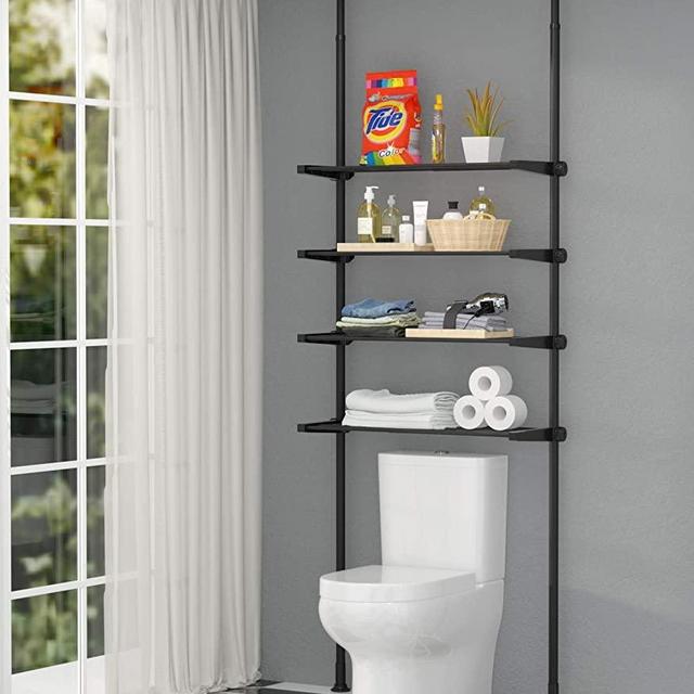 ALLZONE 4 Tier Bathroom Organizer, Over Toilet Shelf Storage Cabinet, No Drilling, Easy to Assemble, Pole Height Adjustable 92-116 Inch,Black