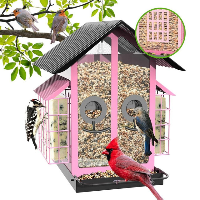 FlowaFoli Bird Feeders for Outdoors, Metal Bird Feeder with Double Suet Cage Weatherproof Metal Roof, 2 in 1 Mixed Seeds Suet Feeder, 4Lbs Large Capacity, Great for Finch、Cardinal、Chickadee（Pink）