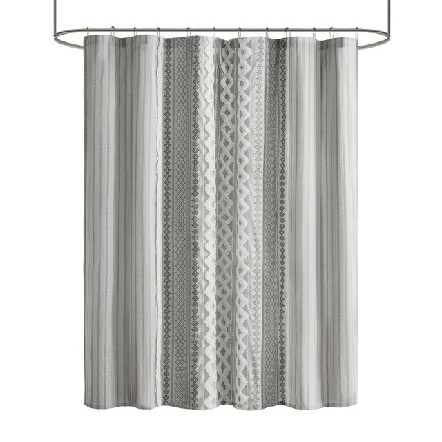 INK+IVY Imani Cotton Printed Shower Curtain with Chenille Stripe, 72" x 72"