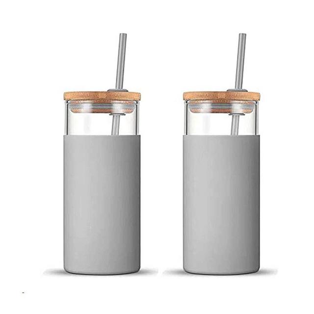 Tronco 20oz Glass WateTronco 20oz Glass Tumbler Glass Water Bottle Straw Silicone Protective Sleeve Bamboo Lid - BPA Free (French Grey/ 2-Pack)