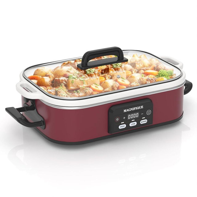 4 Quart Casserole Programmable Slow Cooker with Ceramic Baking Dish - Perfect Kitchen Small Appliance for Family Dinners, Oven Safe and Durable Bakeware for Lasagna, Roasts (Red)