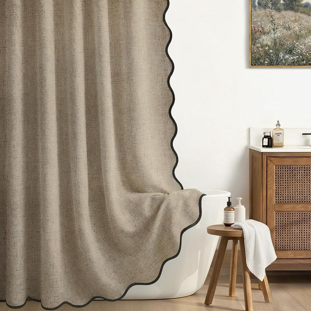 XOGUIBO Linen Shower Curtain Flax Khaki Cute Black Scalloped Boho Modern Shower Curtains for Bathroom Set, 72" W x 72" L