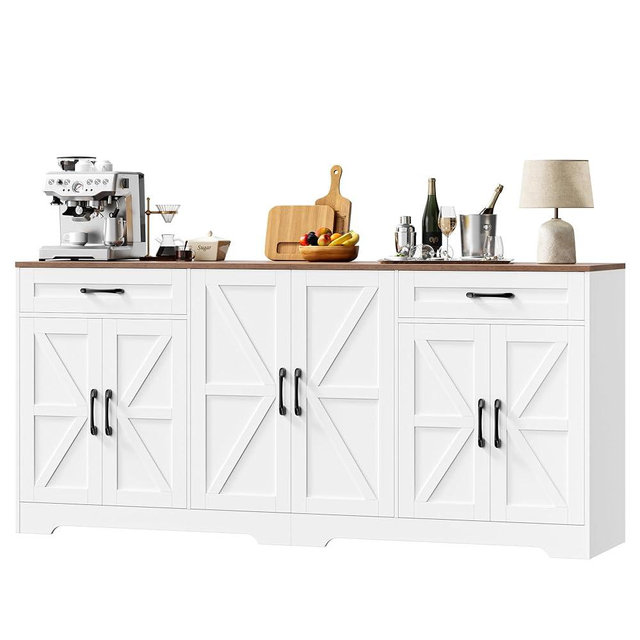 BOTLOG 71” Large Sideboard Buffet Cabinet with Storage, Farmhouse Kitchen Buffet Cabinet with Adjustable Shelves and 6 Barn Doors, Wood Coffee Wine Bar Console Table for Kitchen, Dining Room, White