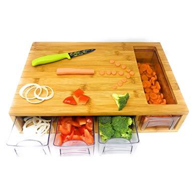 Bamboo Cutting Board With Trays/Drawers - Meal Prep Station - Naturally Antimicrobial - Cutting Board for Food Prep, Meat, Vegetables, Fruits, Crackers & Cheese