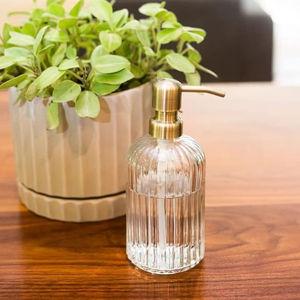 Fluted Glass Nouveau Soap Dispenser with Metal Soap Pump - Lotion & Liquid Hand Soap for Kitchen and Bathroom, 12oz (Farmhouse Brass)