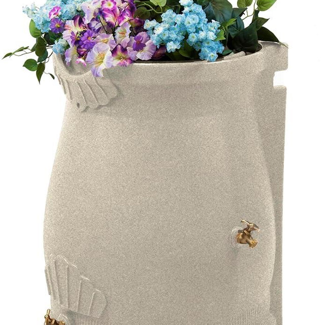 Good Ideas RWURN50-SAN 50 Gallon Rain Saver Wizard Barrel Water Storage Urn with Planter Space and 2 Brass Spigots, Sandstone