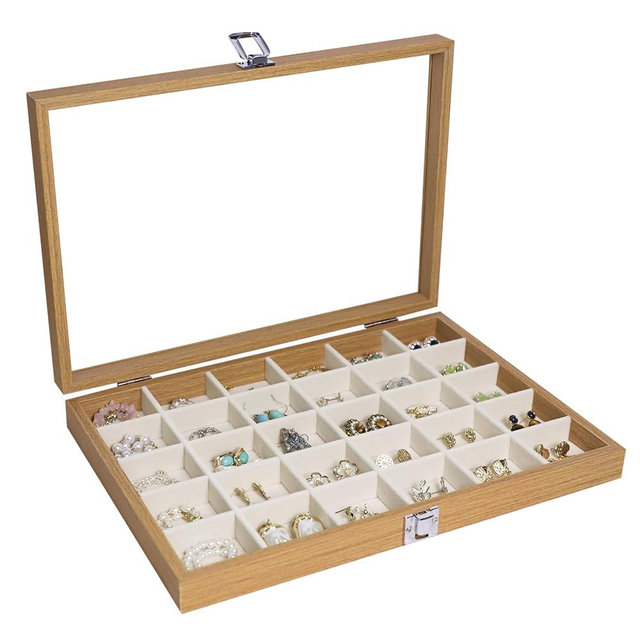 Stratalife Jewelry Organizer Wooden Bracelet Jewelry Box 30 Grid Jewelry Tray with Lid Earring Holder Organizer Necklace Bracelet Bangle Ring Organizer for Women Vintage Jewelry Box
