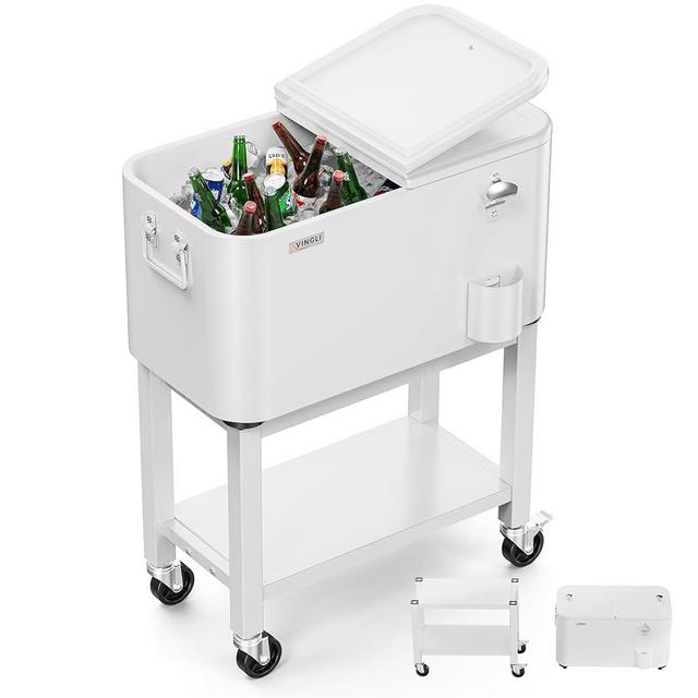 VINGLI 60 Quart Rolling Ice Chest on Wheels, Portable Patio Party Bar Drink Cooler Cart, with Shelf, Beverage Pool with Bottle Opener,Water Pipe