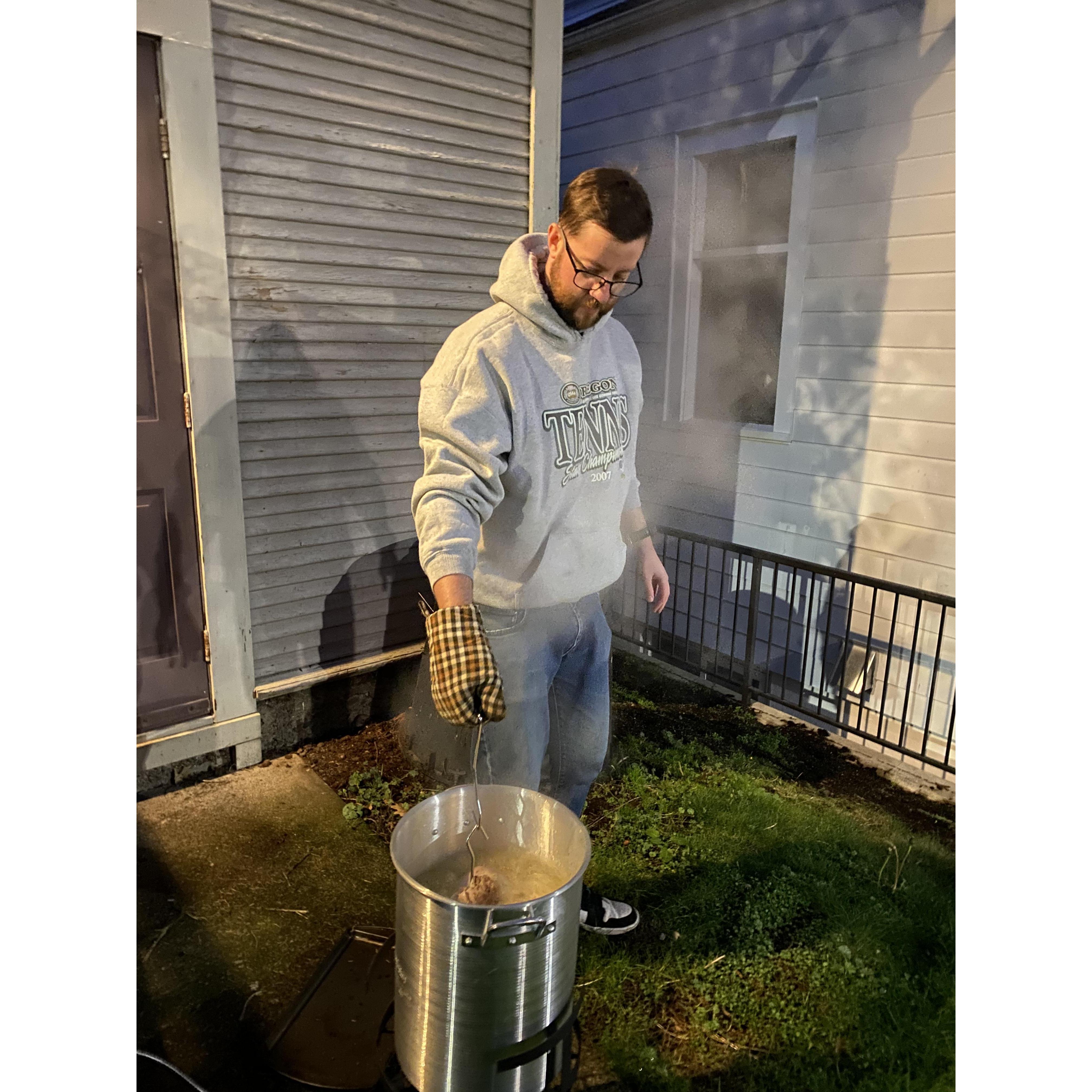 Deep frying a turkey for Thanksgiving