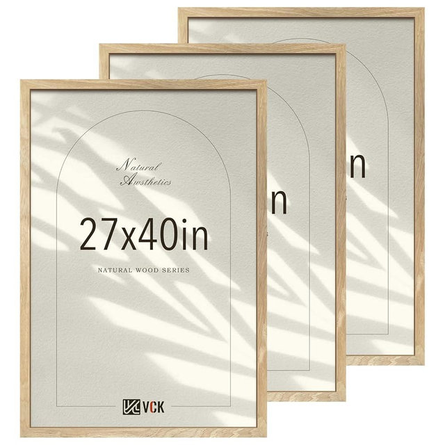 VCK 27x40 Poster Frame Set of 3 - Natural Solid Wood, Exclusive Wood Grain Picture Frame, Wall Hanging